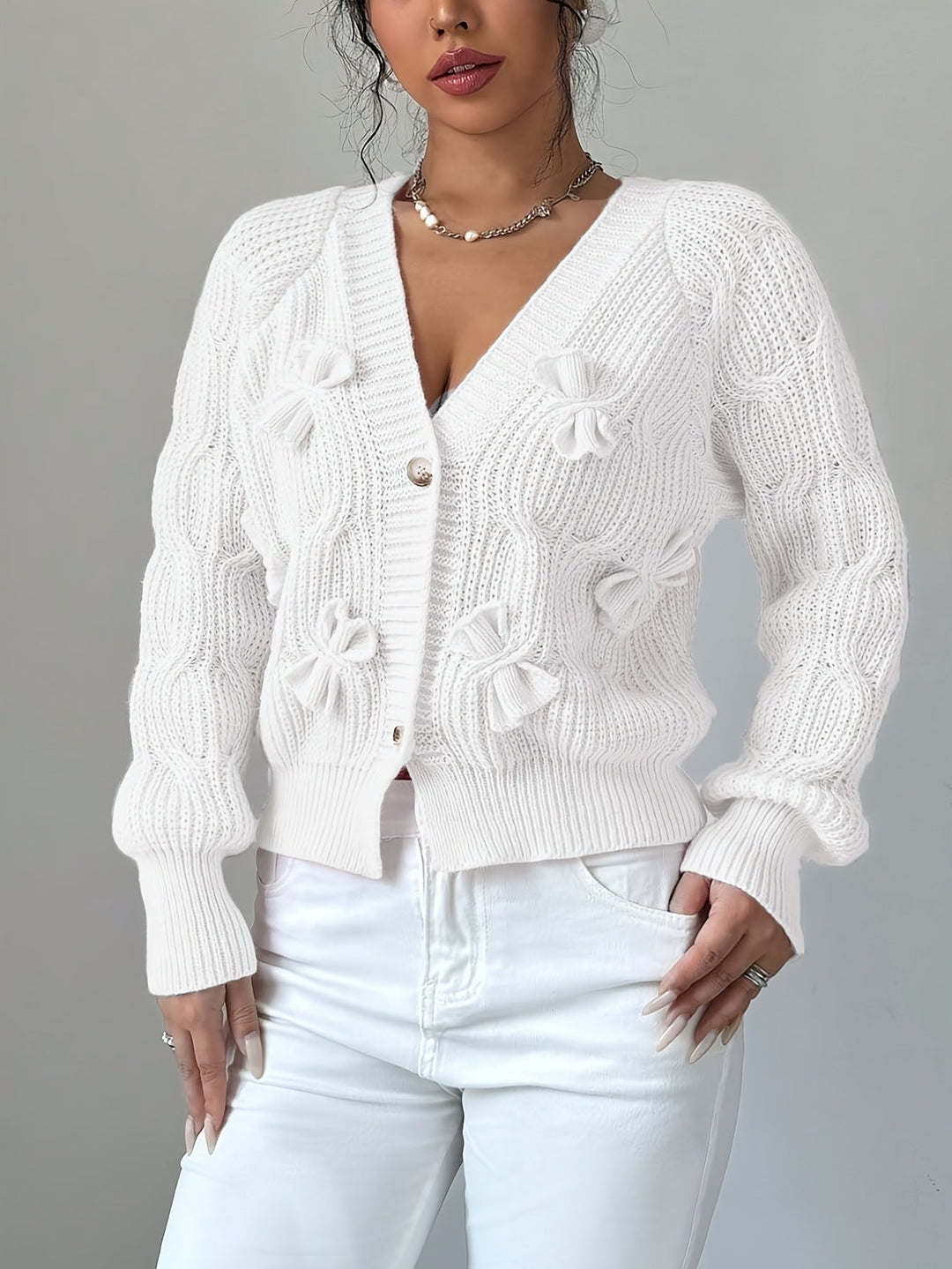 Women's Bow-Detail V-Neck Cardigan with Button Front
