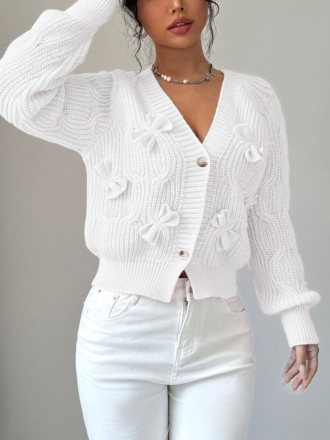 Women's Bow-Detail V-Neck Cardigan with Button Front