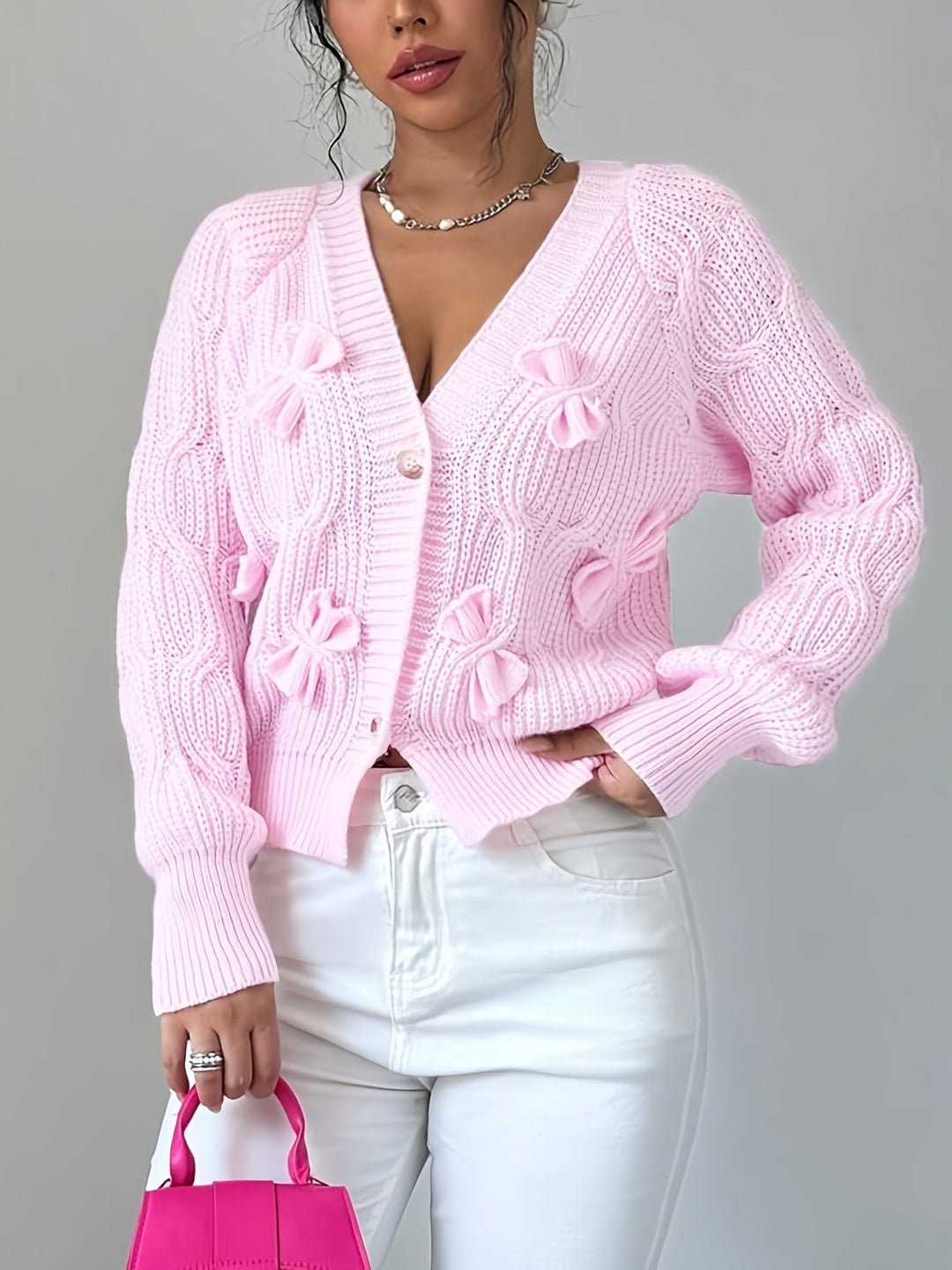 Women's Bow-Detail V-Neck Cardigan with Button Front