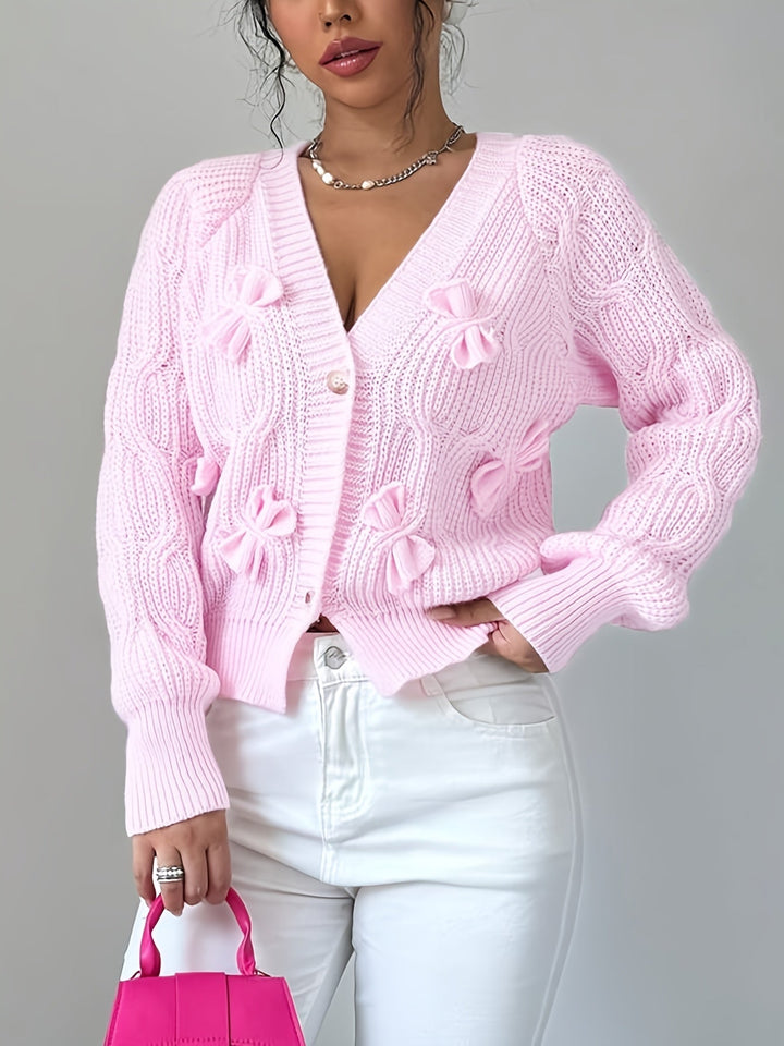 Women's Bow-Detail V-Neck Cardigan with Button Front