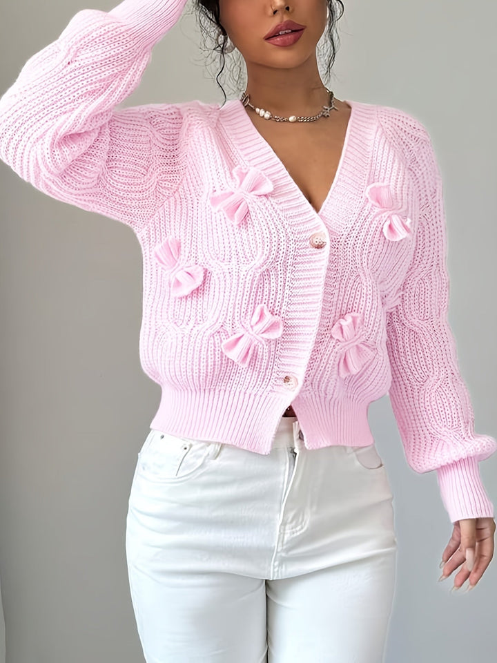 Women's Bow-Detail V-Neck Cardigan with Button Front