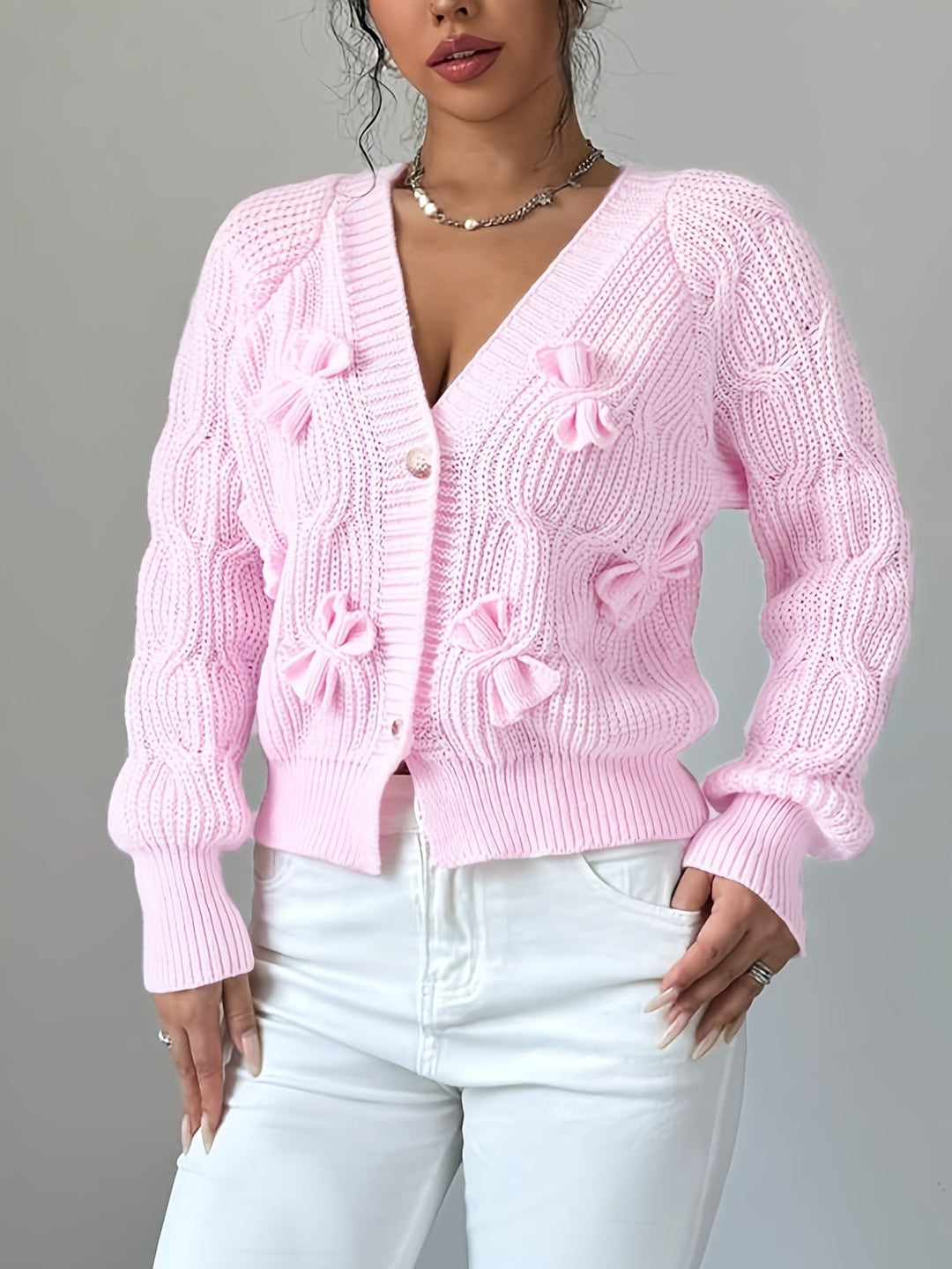 Women's Bow-Detail V-Neck Cardigan with Button Front