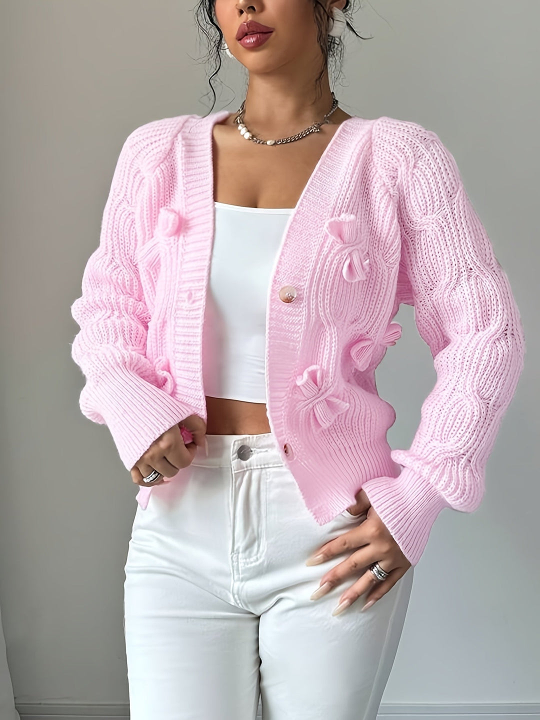 Women's Bow-Detail V-Neck Cardigan with Button Front