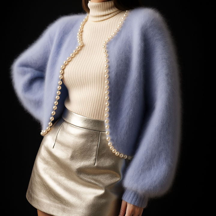 Women's Pearl-Trim Fuzzy Cardigan Sweater