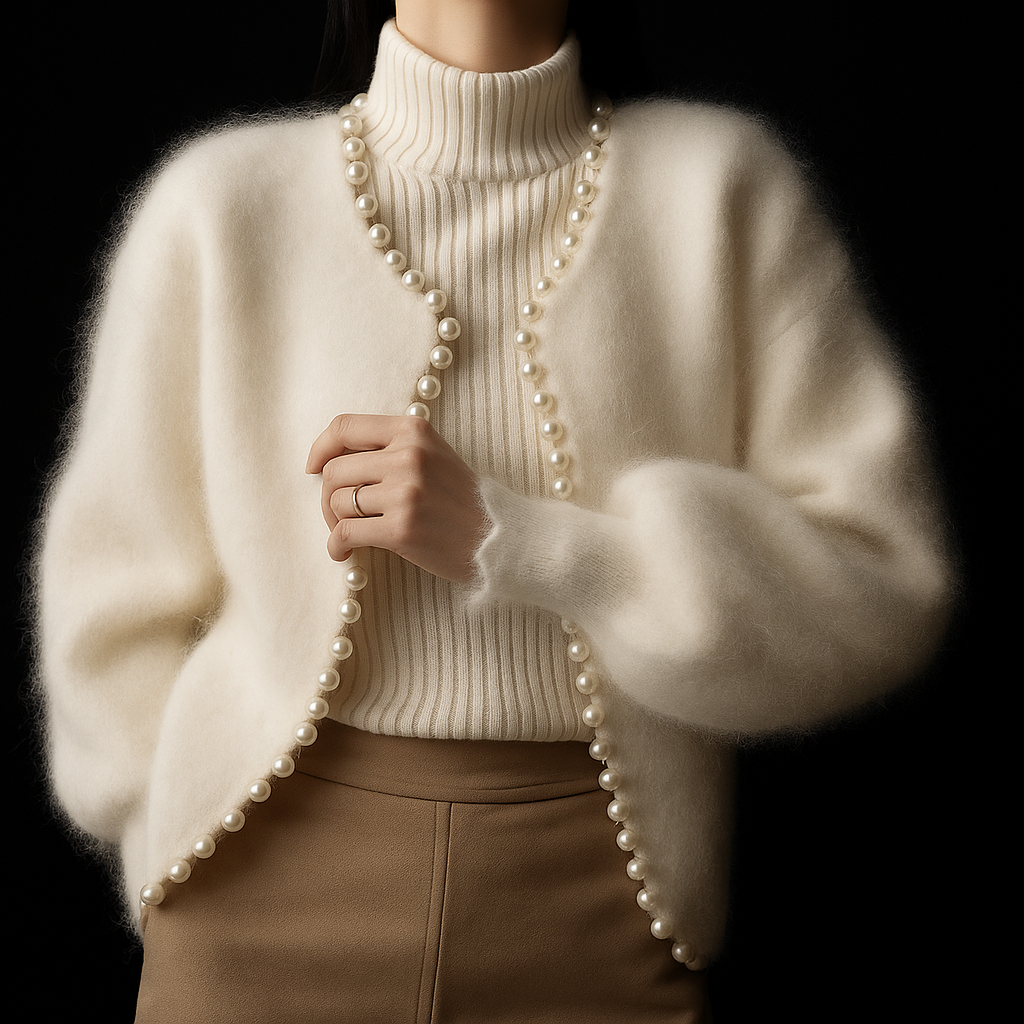 Women's Pearl-Trim Fuzzy Cardigan Sweater