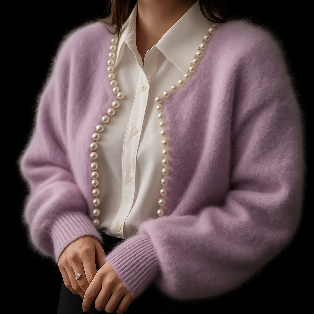Women's Pearl-Trim Fuzzy Cardigan Sweater