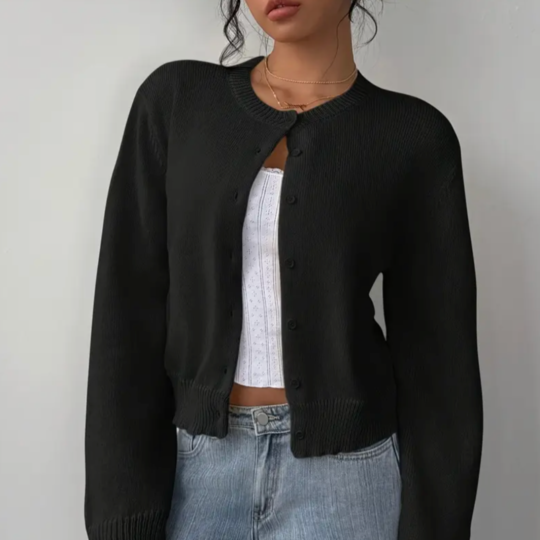 Women's Cropped Button-Front Cardigan with Ribbed Cuffs