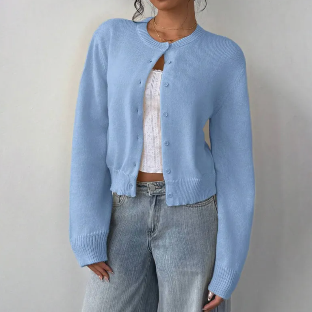 Women's Cropped Button-Front Cardigan with Ribbed Cuffs