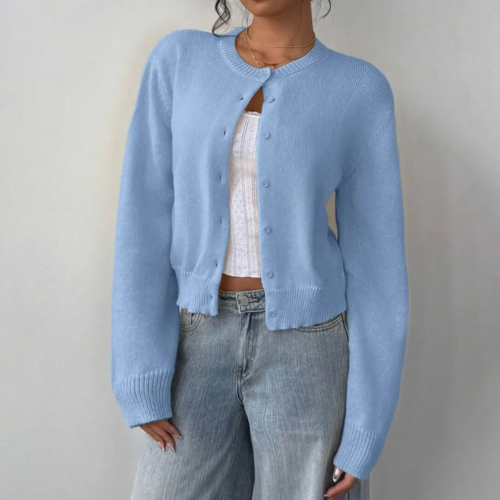 Women's Cropped Button-Front Cardigan with Ribbed Cuffs