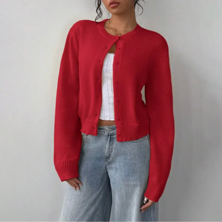 Women's Cropped Button-Front Cardigan with Ribbed Cuffs