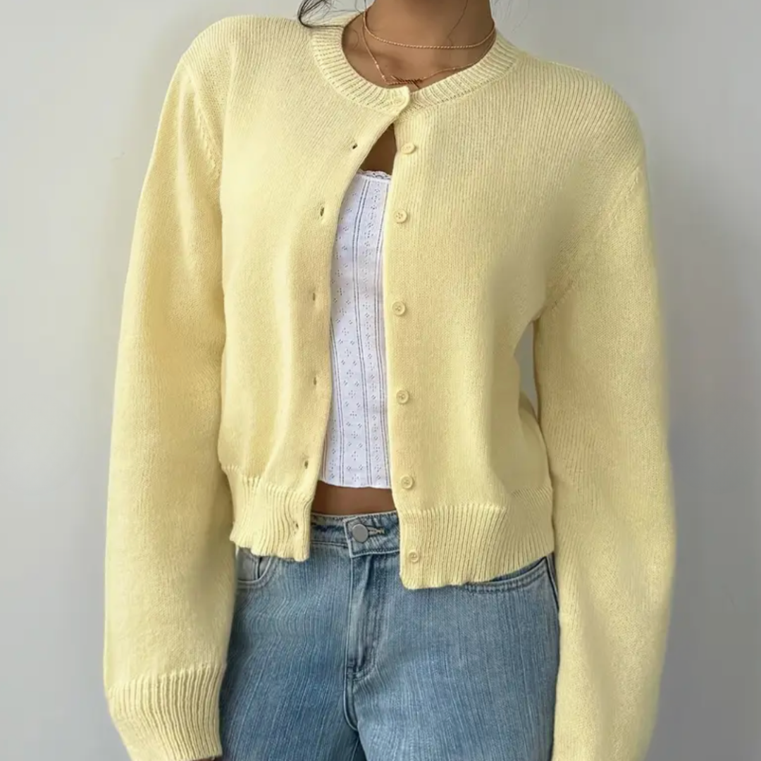 Women's Cropped Button-Front Cardigan with Ribbed Cuffs