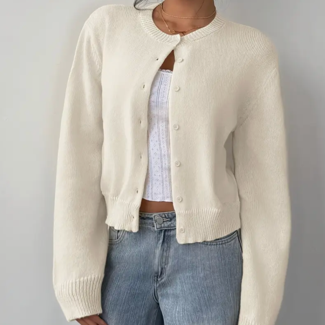 Women's Cropped Button-Front Cardigan with Ribbed Cuffs