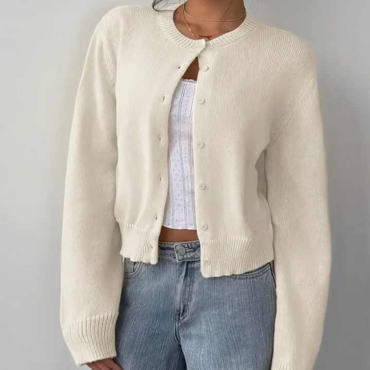 Women's Cropped Button-Front Cardigan with Ribbed Cuffs