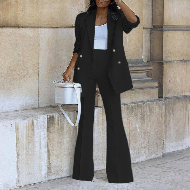 Women's Double-Breasted Blazer and Flare Trouser Set