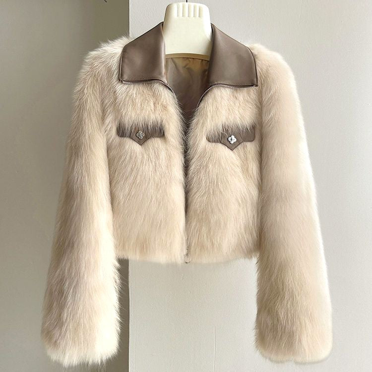 Women's Faux Fur Jacket with Leather Trim