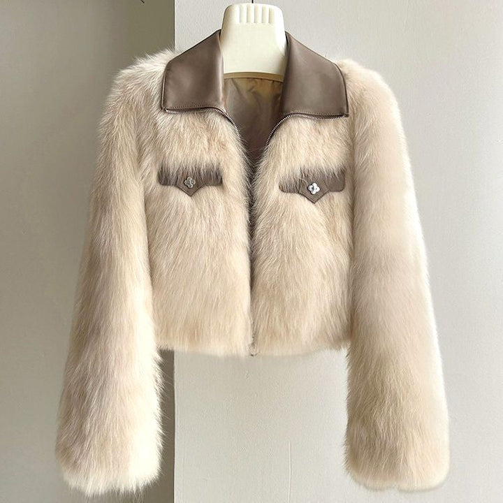 Women's Faux Fur Jacket with Leather Trim