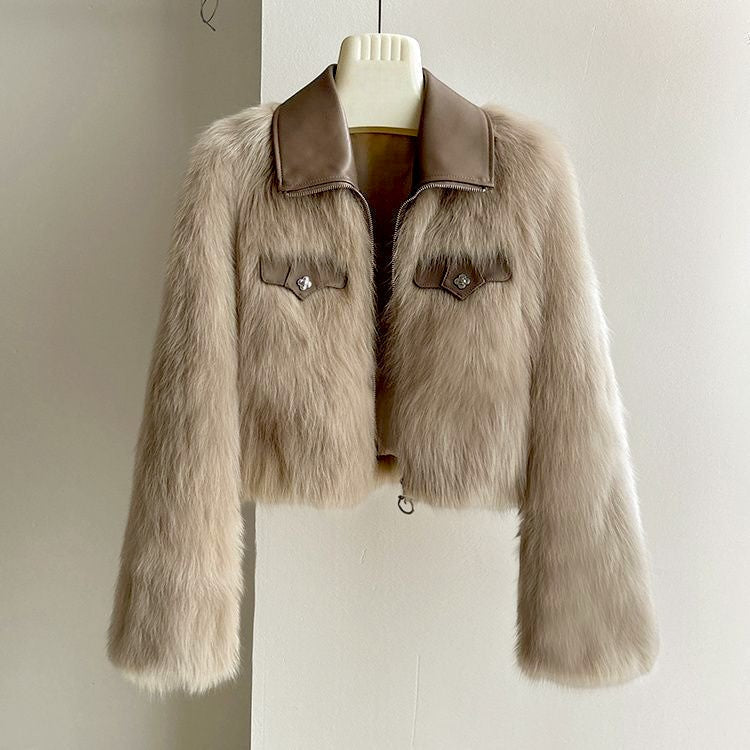 Women's Faux Fur Jacket with Leather Trim