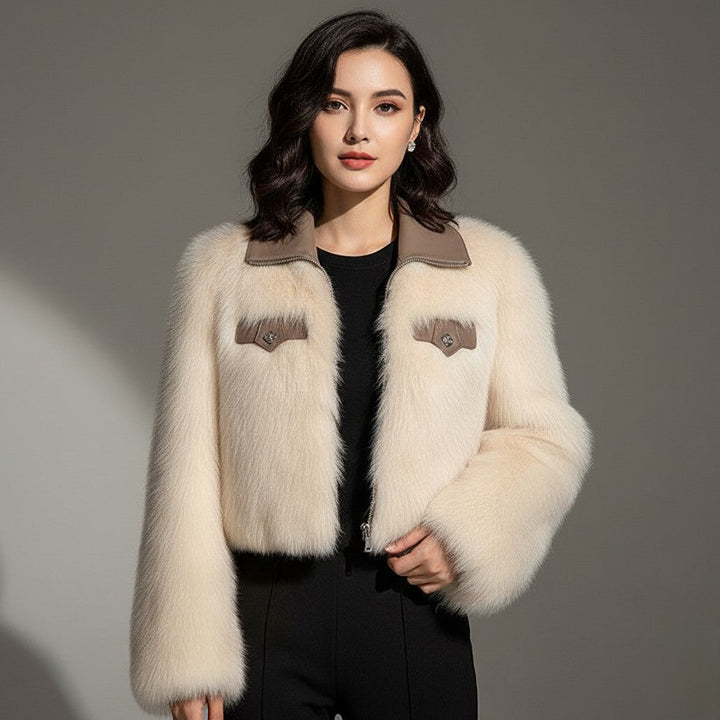 Women's Faux Fur Jacket with Leather Trim