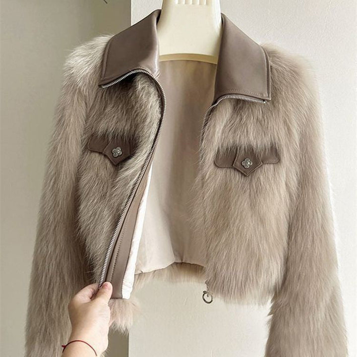 Women's Faux Fur Jacket with Leather Trim
