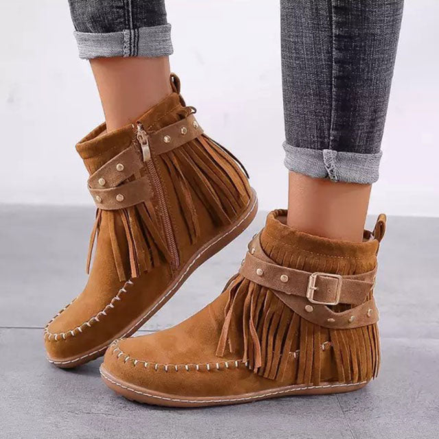 Women's Fringe Ankle Boots with Studded Strap