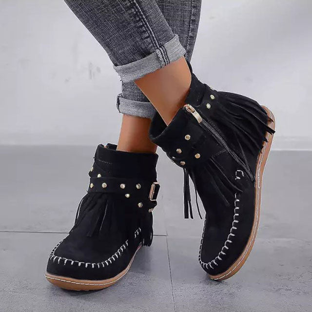 Women's Fringe Ankle Boots with Studded Strap