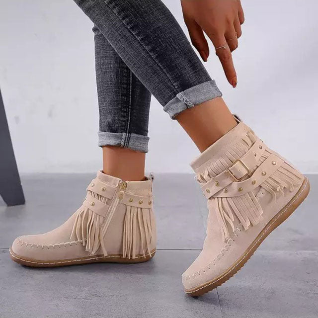 Women's Fringe Ankle Boots with Studded Strap