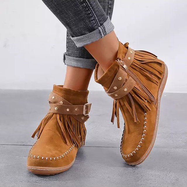 Women's Fringe Ankle Boots with Studded Strap