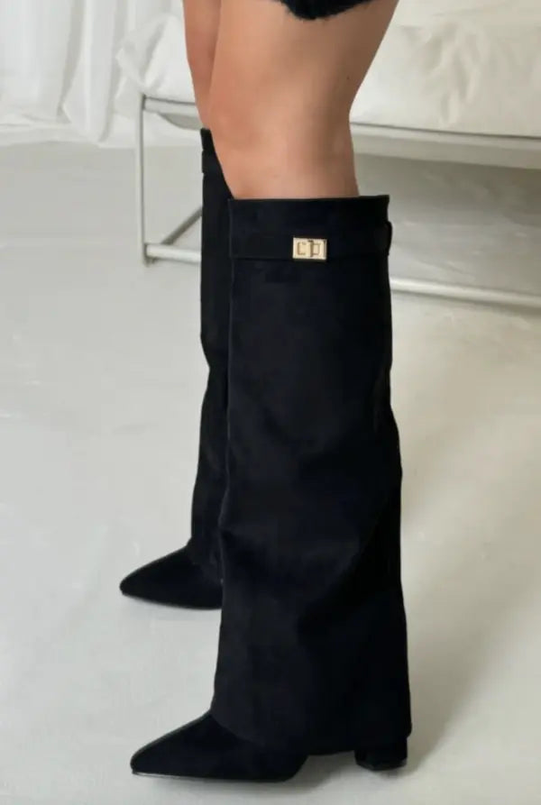 Women's Suede Knee-High Boots with Buckle Strap