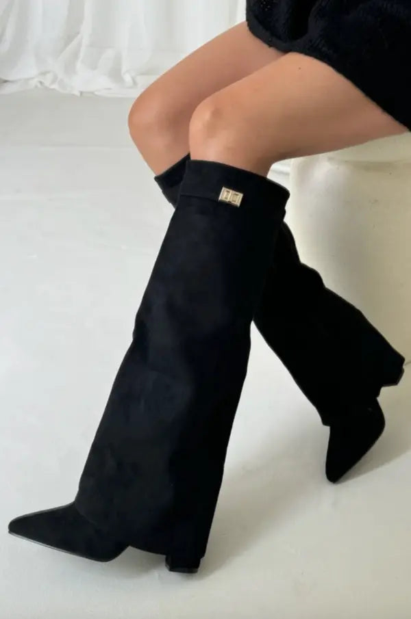 Women's Suede Knee-High Boots with Buckle Strap