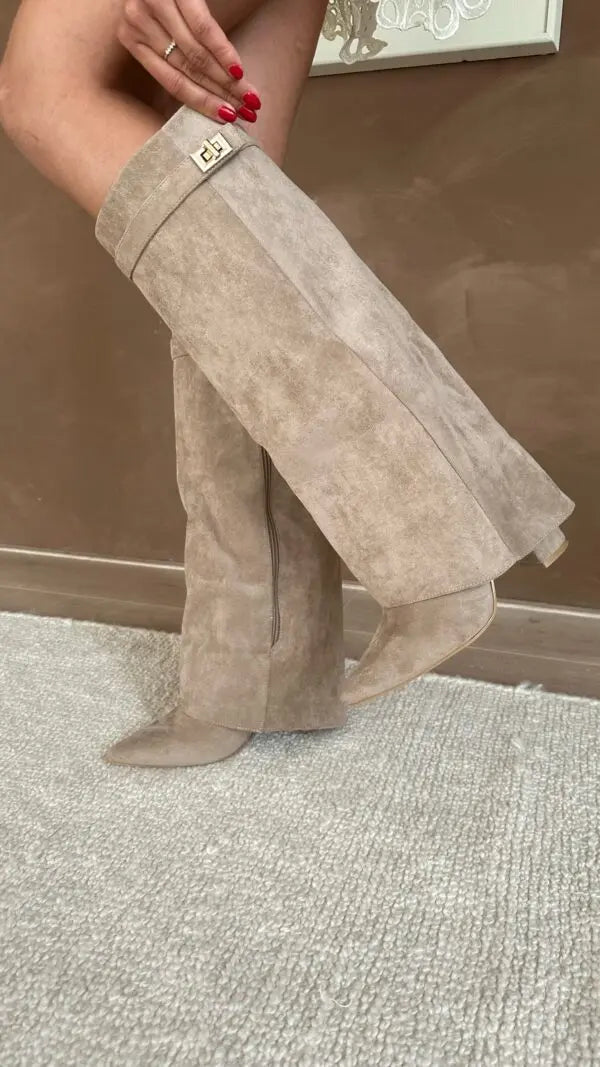 Women's Suede Knee-High Boots with Buckle Strap