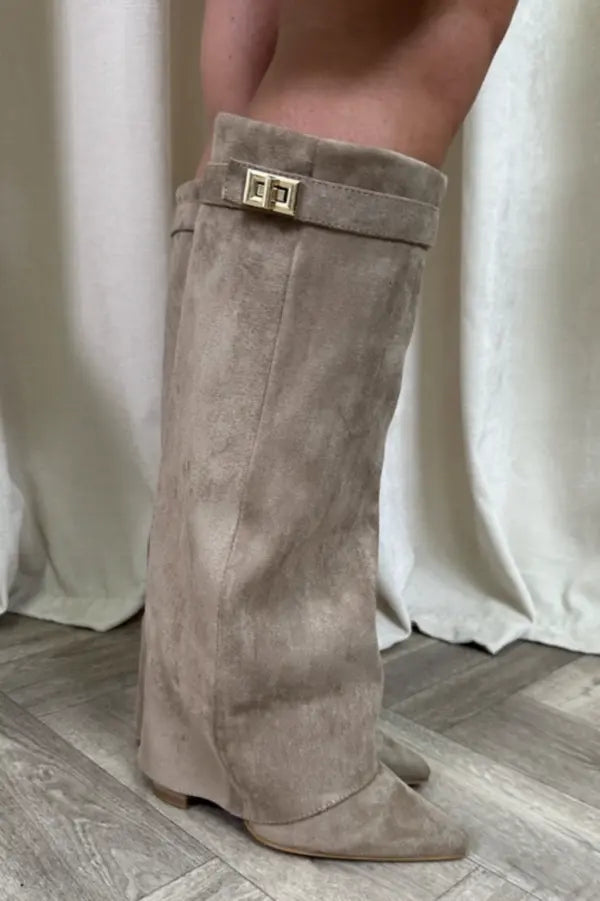 Women's Suede Knee-High Boots with Buckle Strap