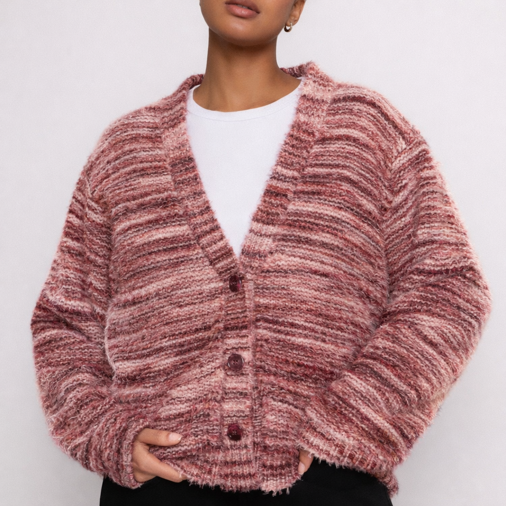 Women's V-Front Brushed Cardigan with Drop Shoulders
