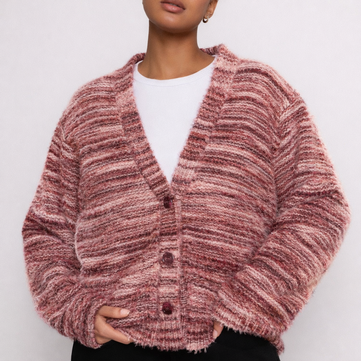 Women's V-Front Brushed Cardigan with Drop Shoulders