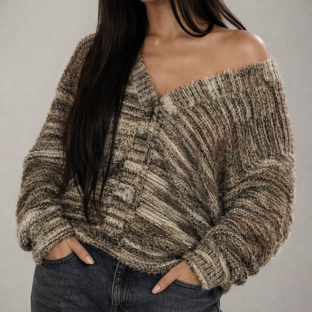 Women's V-Front Brushed Cardigan with Drop Shoulders