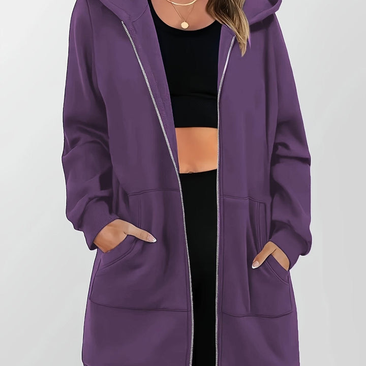 Women's Fitted Longline Hooded Jacket with Full Zip and Pockets