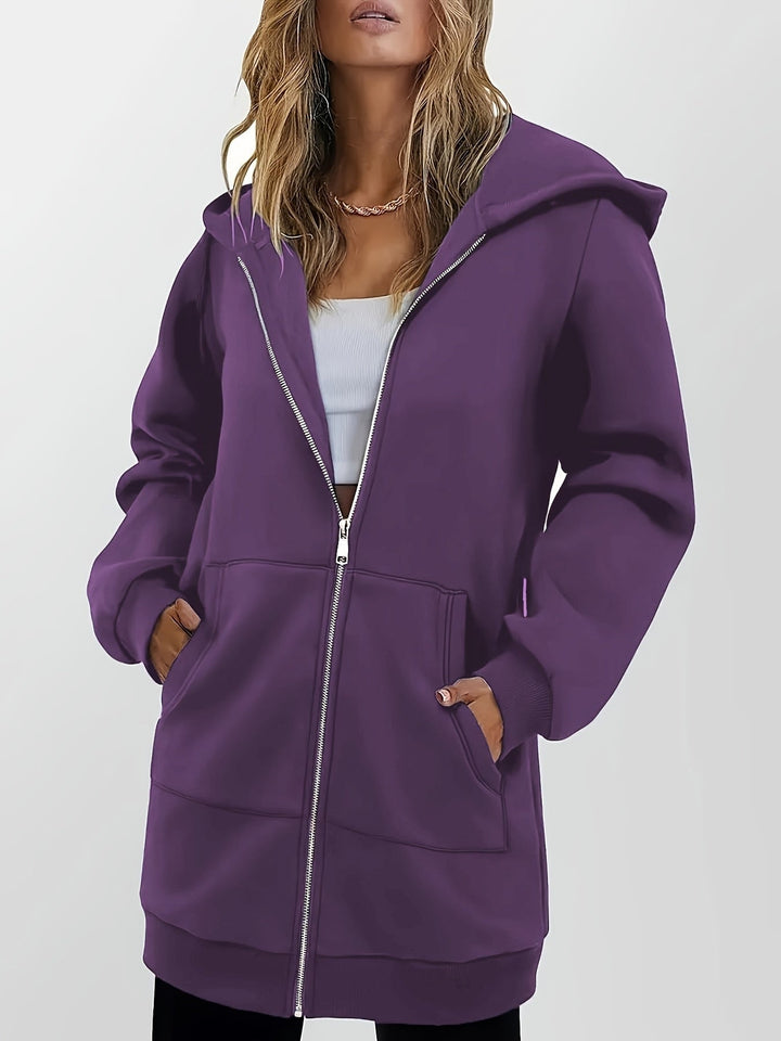 Women's Fitted Longline Hooded Jacket with Full Zip and Pockets