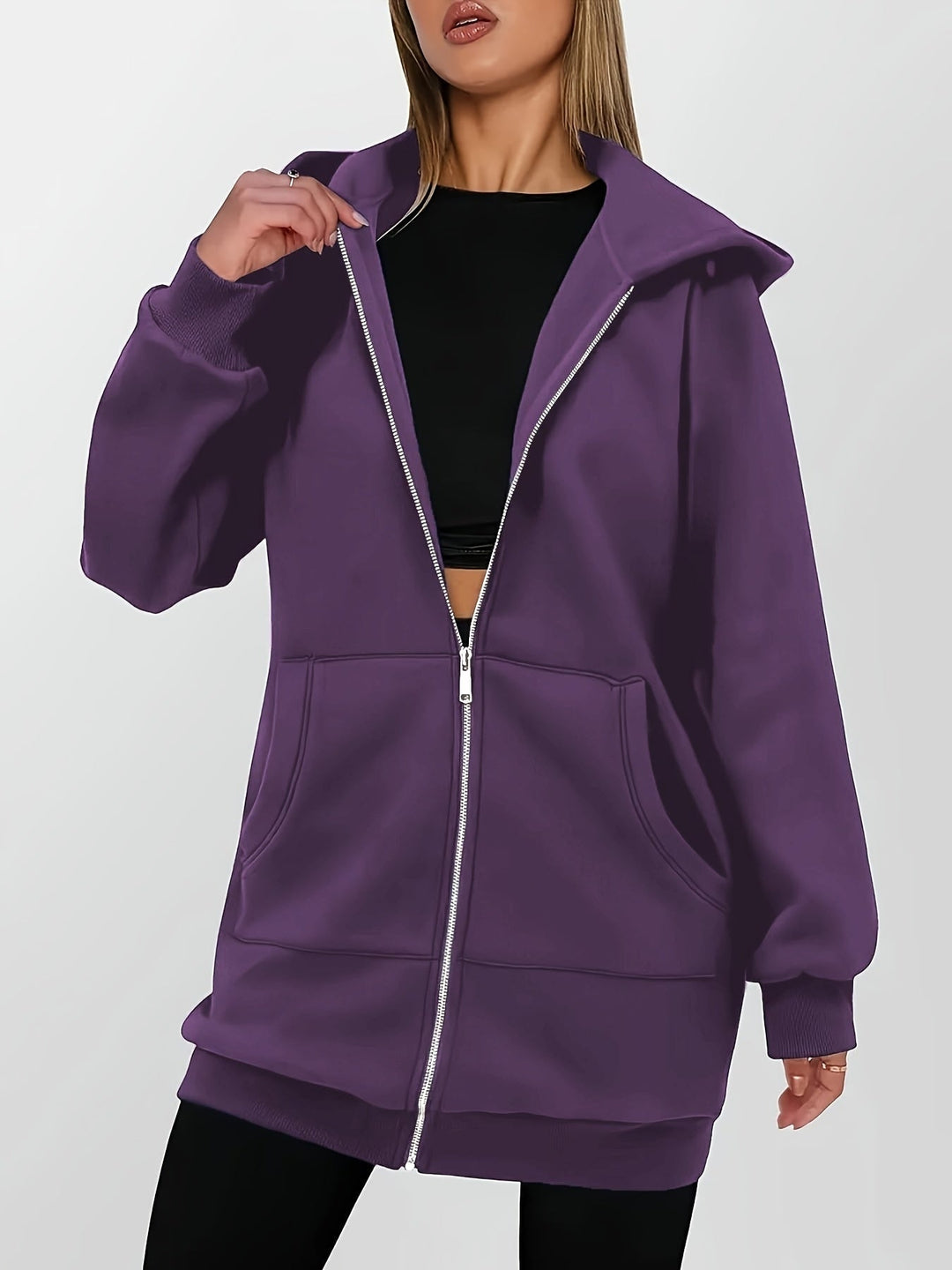 Women's Fitted Longline Hooded Jacket with Full Zip and Pockets
