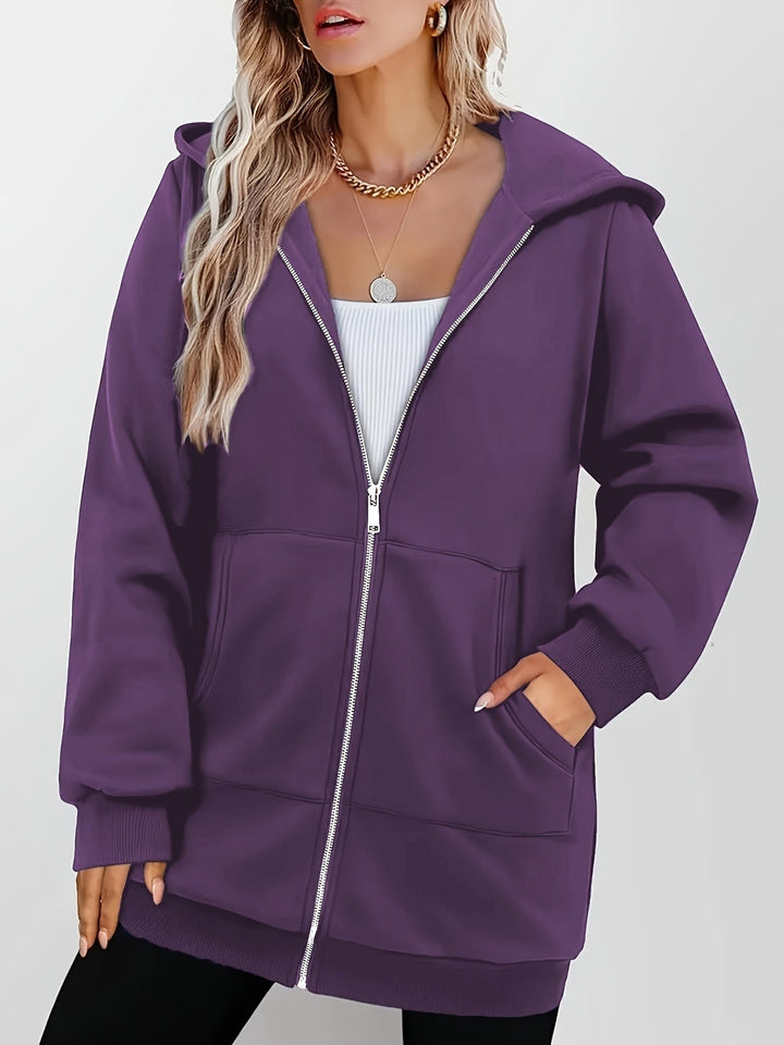Women's Fitted Longline Hooded Jacket with Full Zip and Pockets