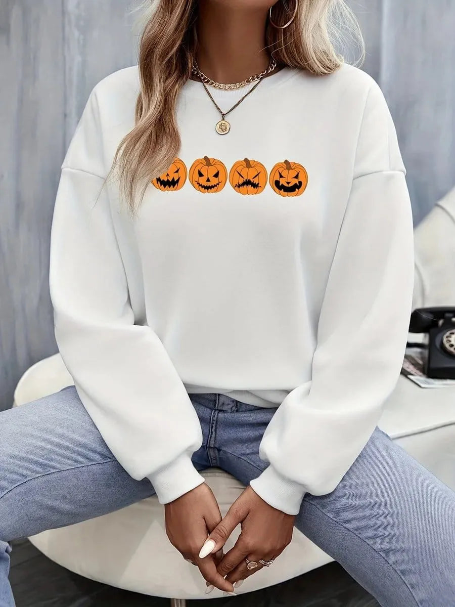 Women's Halloween Graphic Crewneck Sweatshirt - Jack-o-Lantern Design