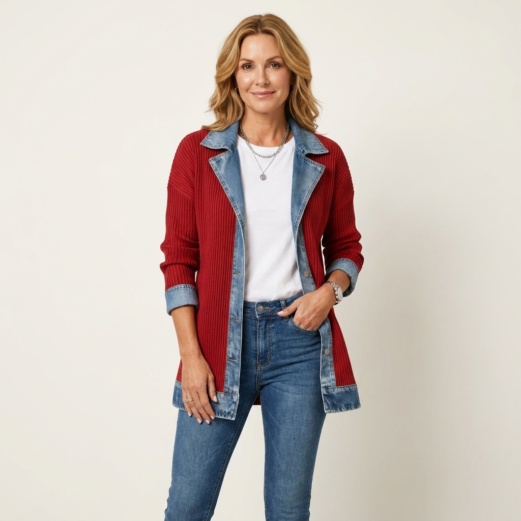 Women's Ribbed Knit Jacket with Denim Trim