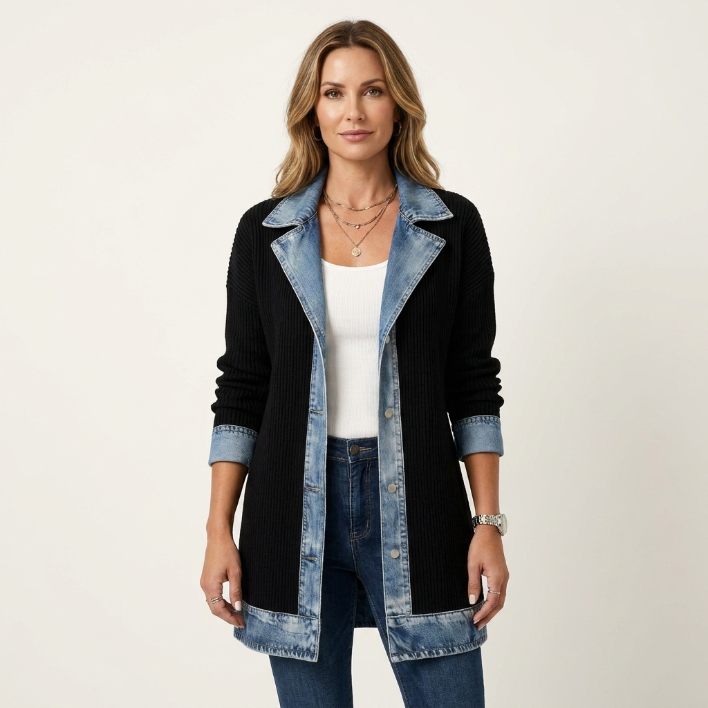 Women's Ribbed Knit Jacket with Denim Trim