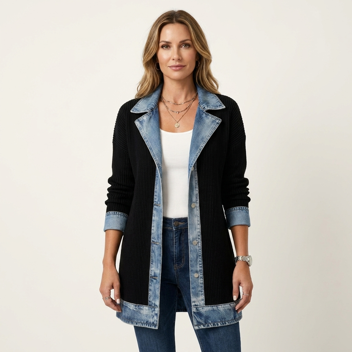 Women's Ribbed Knit Jacket with Denim Trim