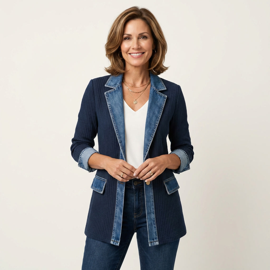 Women's Ribbed Knit Jacket with Denim Trim