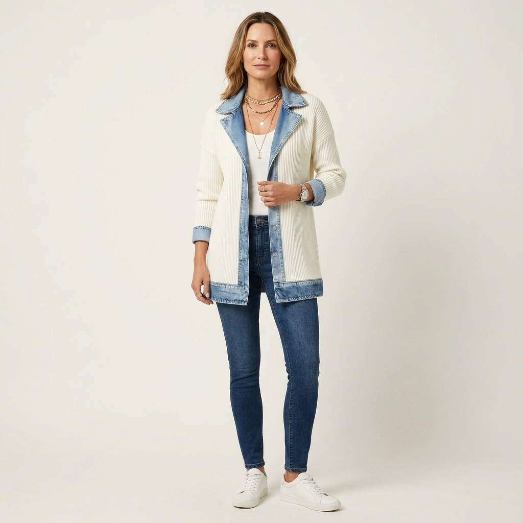Women's Ribbed Knit Jacket with Denim Trim