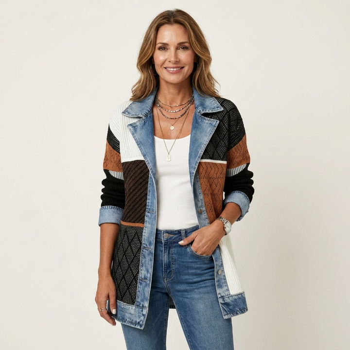 Women's Ribbed Knit Jacket with Denim Trim