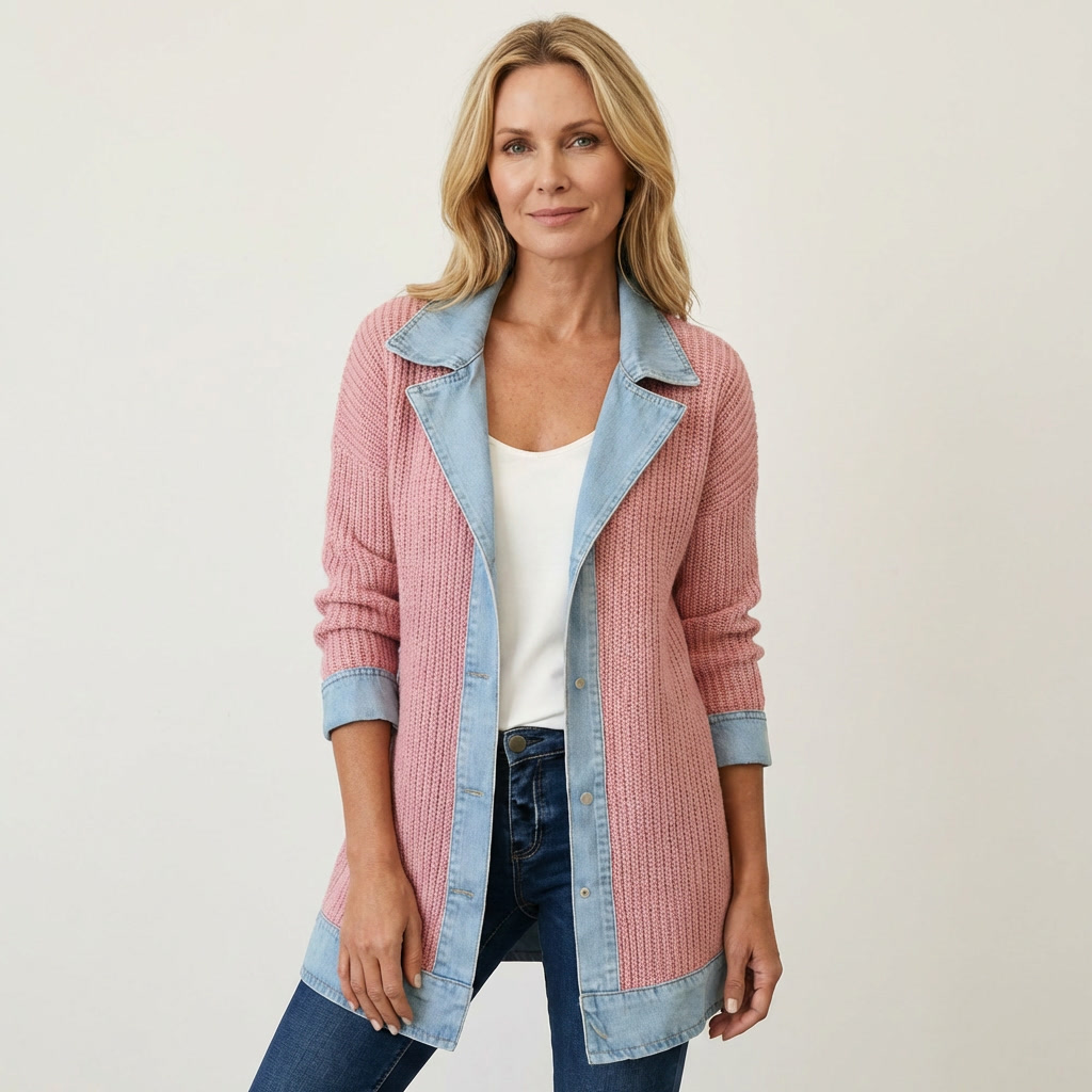 Women's Ribbed Knit Jacket with Denim Trim