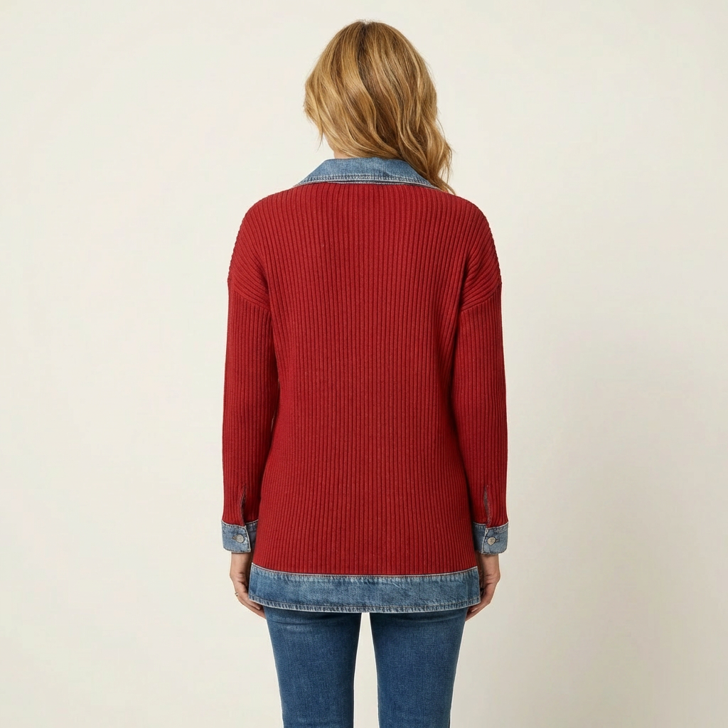 Women's Ribbed Knit Jacket with Denim Trim