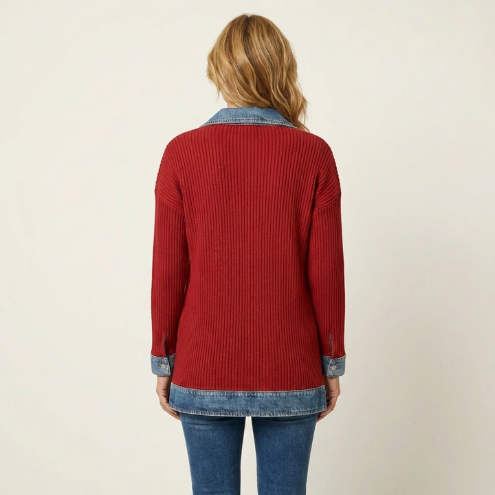 Women's Ribbed Knit Jacket with Denim Trim