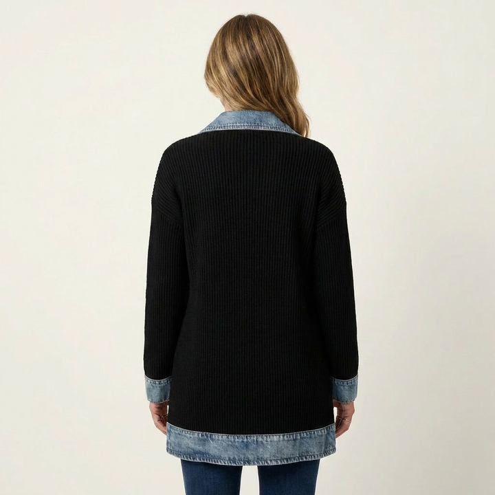 Women's Ribbed Knit Jacket with Denim Trim