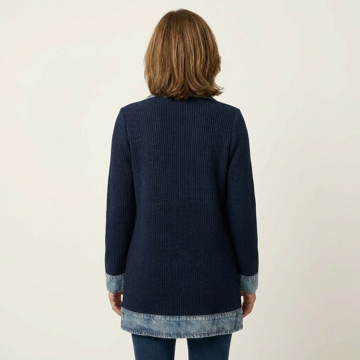Women's Ribbed Knit Jacket with Denim Trim
